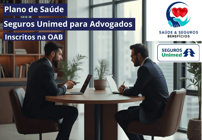 Dois advogados ao redor de uma mesa de reunião, sentados em cadeiras e conversando sobre plano de saúde para advogados e seus dependentes.