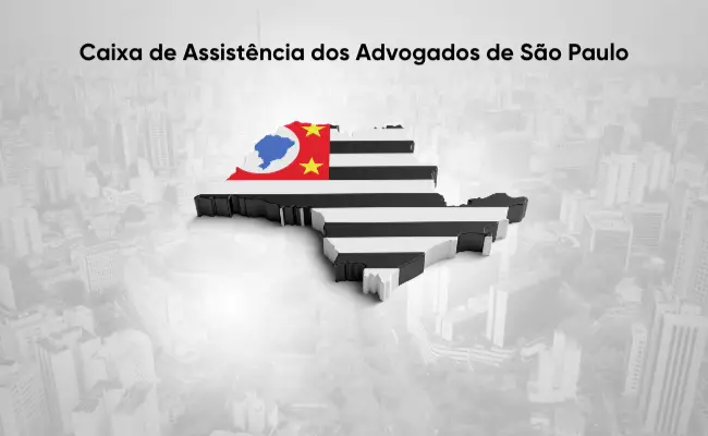 Imagem com o mapa do estado de São Paulo contendo um titulo com o nome da Caixa de Assistência dos Advogados de São Paulo